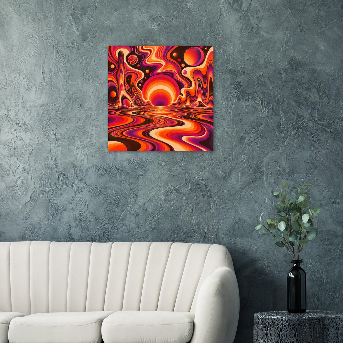 Psychedelisches Wandposter mit orangen und violetten Wellen und Kreis-Halos