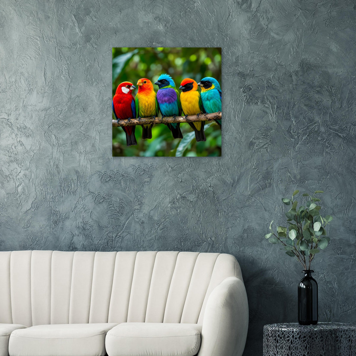 Quadratisches Poster: bunte tropische Vögel sitzen auf einem Ast