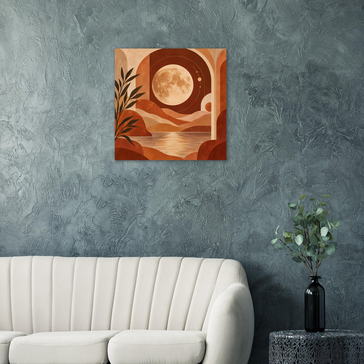 Quadratisches Poster mit Vollmond über Wüstenoase, terrakottafarbene Bögen und Dünen