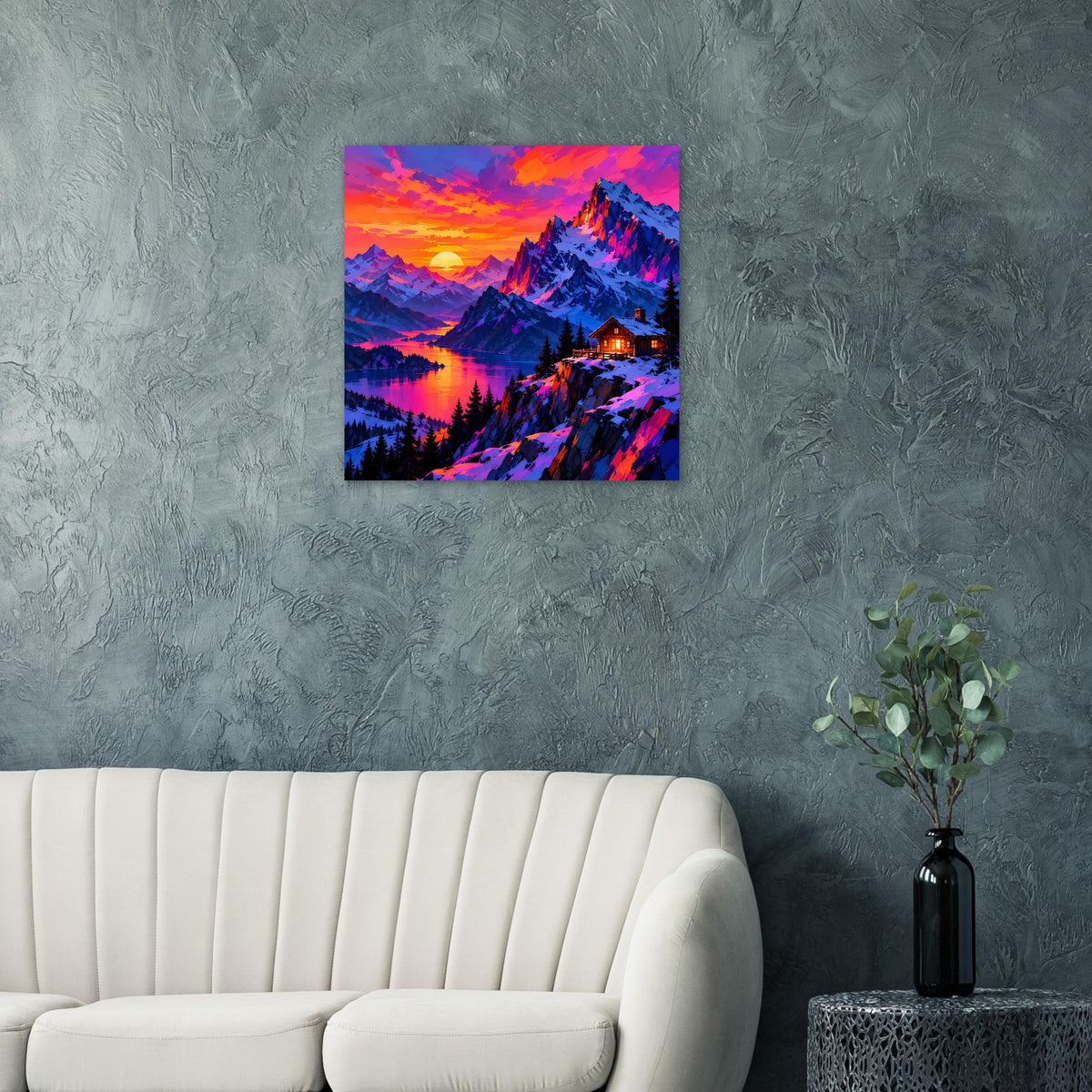 Quadratisches Poster mit Berglandschaft im Sonnenuntergang, See-Spiegelung und leuchtender Sonne