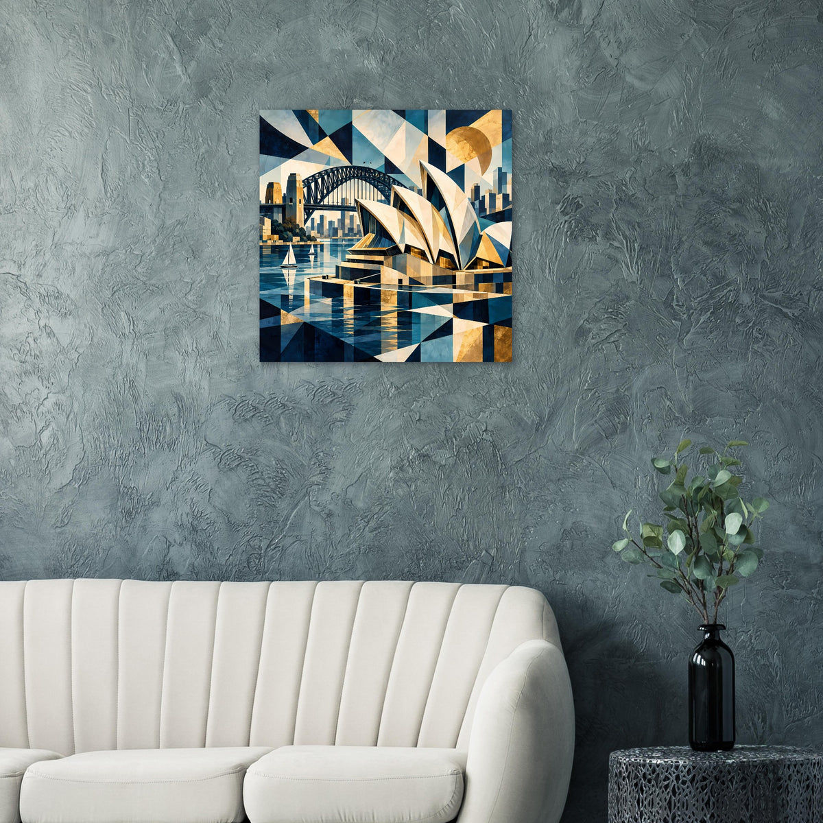 Quadratisches Poster mit geometrischem Hafen- und Brückenmotiv in dunklem Blau und Gold