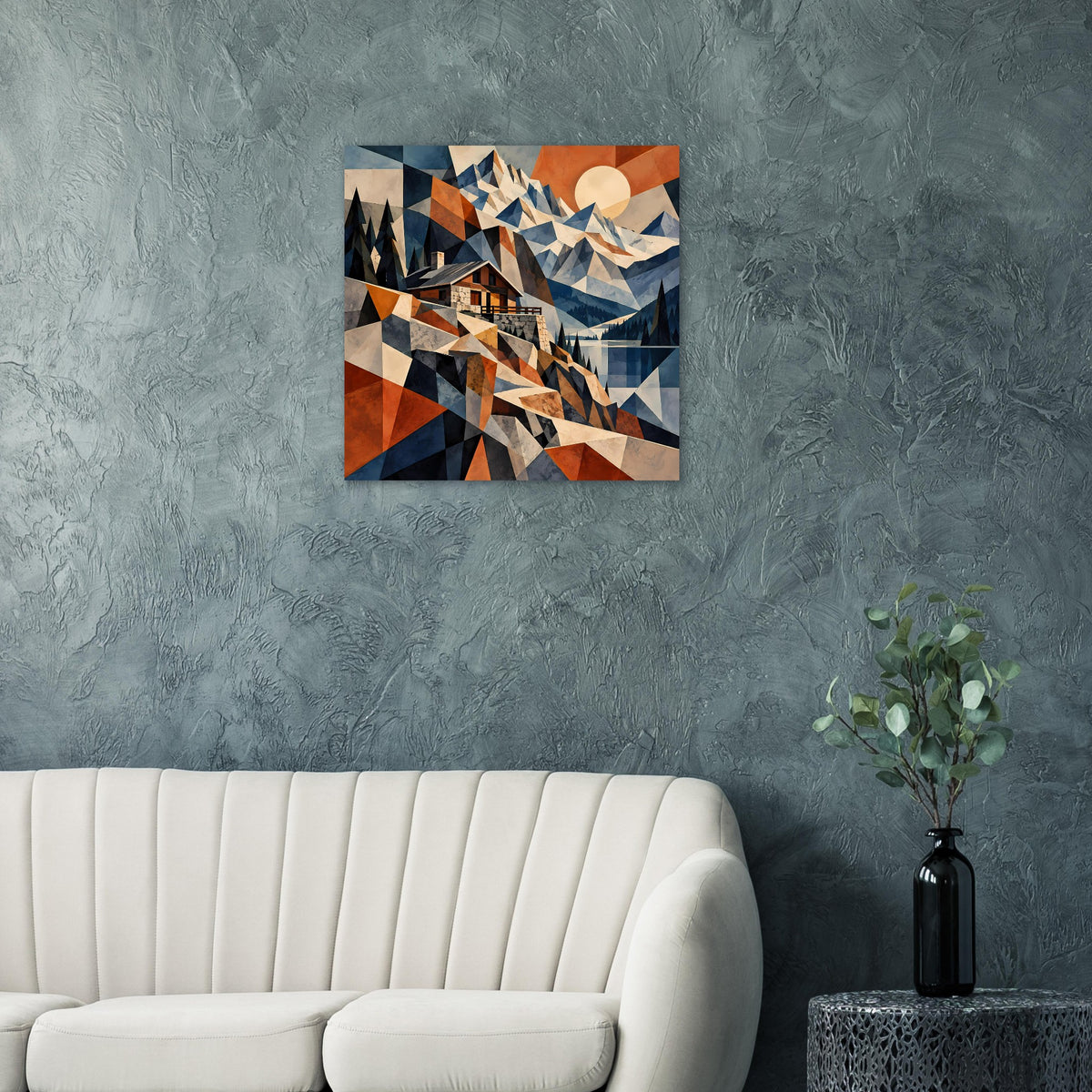 Quadratisches Poster mit geometrischer Berglandschaft, Haus und runder Sonne in Blau und Rost