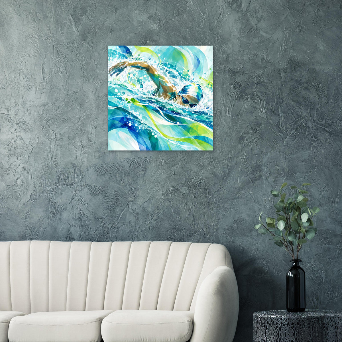 Kunstposter mit Delphin im Unterwasserstil, kräftige Blau- und Grüntöne, quadratisch