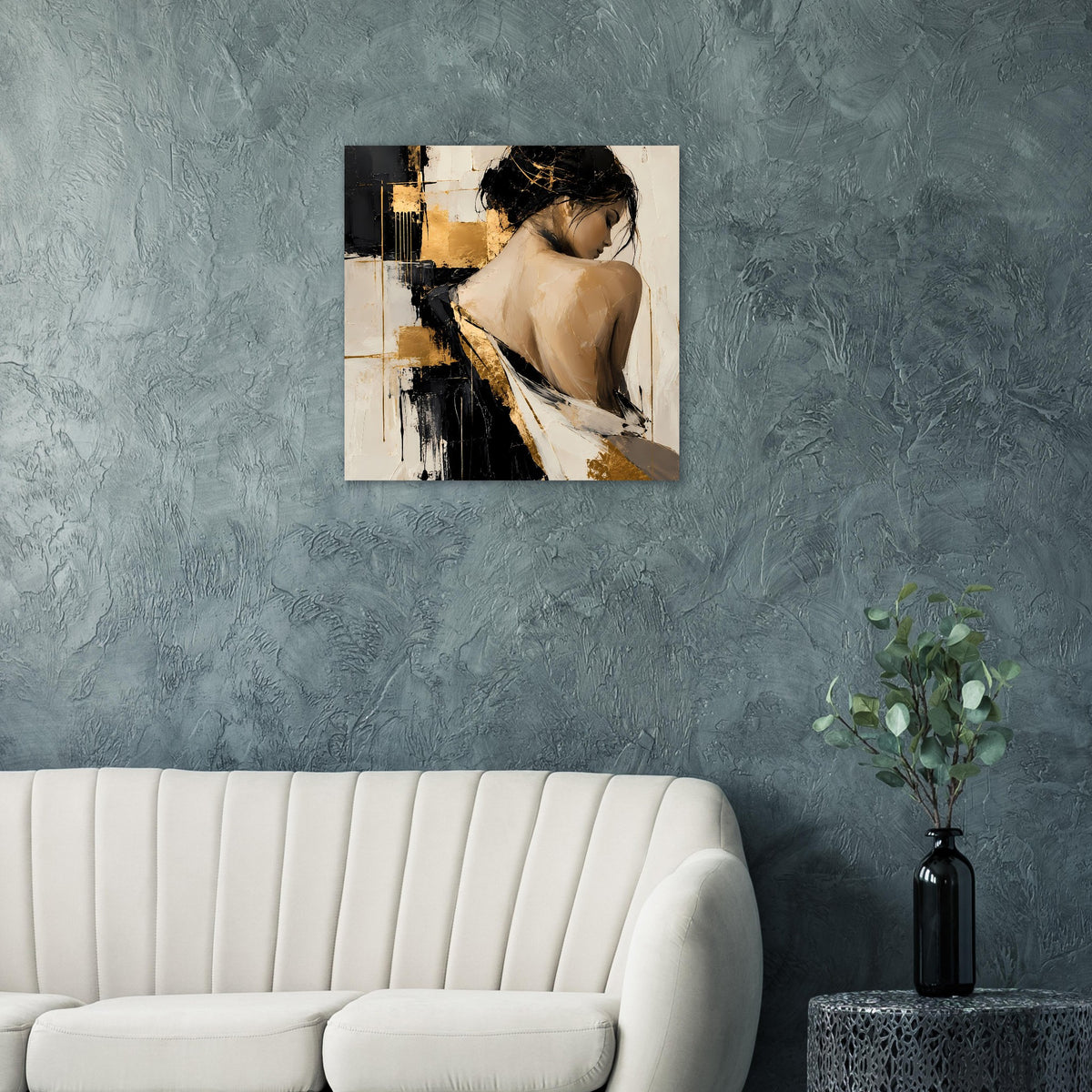 Abstraktes Damenportrait-Poster mit beigem Rückenmotiv, schwarz-goldenen Kontrasten