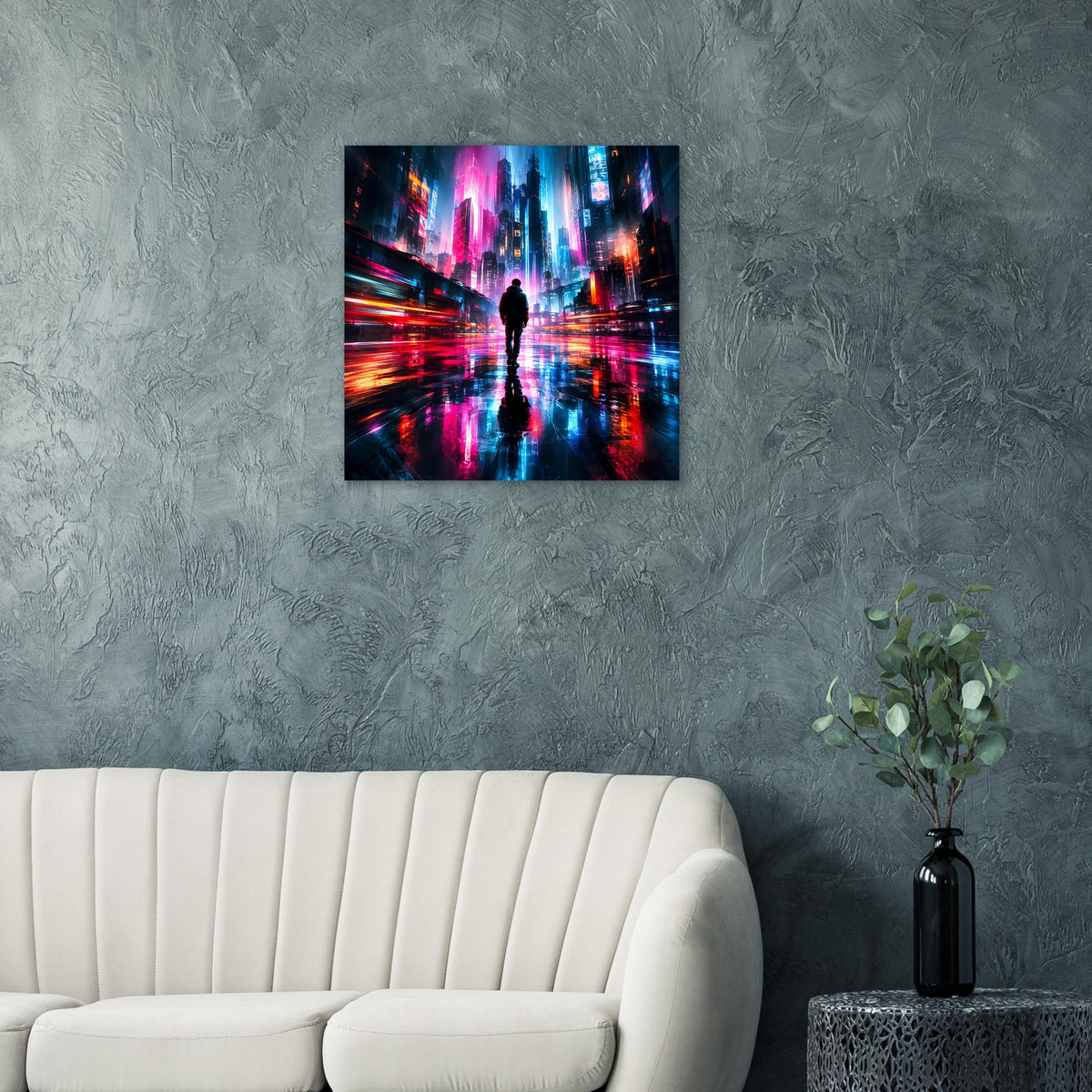 Quadratisches Cyberpunk-Poster mit Neonstadt in Blau, Pink und Orange, Silhouette