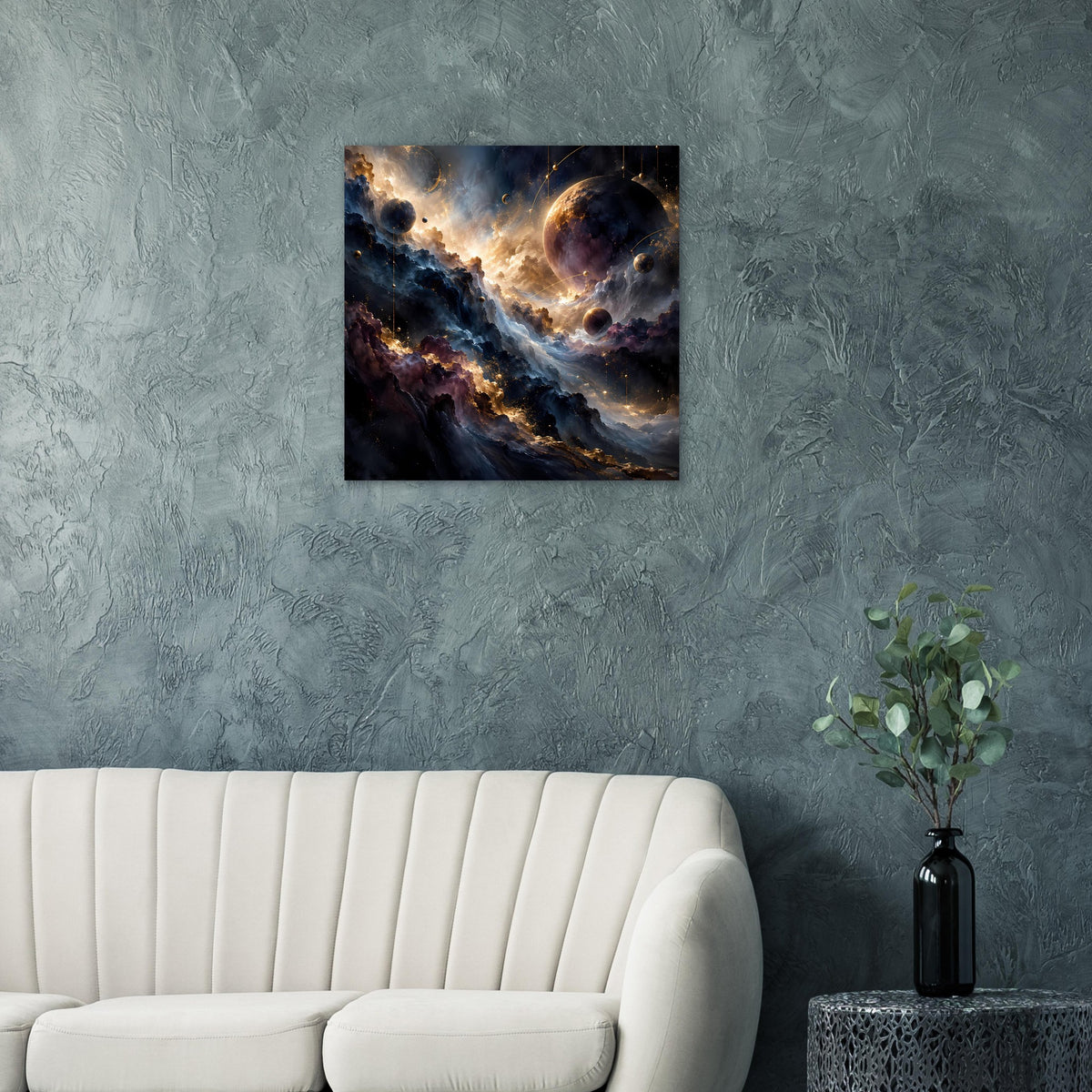 Raumfahrt-Kunstposter mit Spiralnebel, Sternen und violett-braunen Nebelflecken