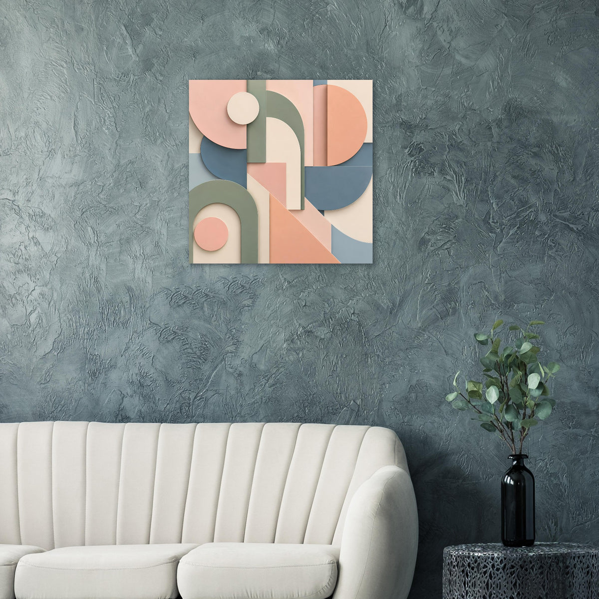 Abstraktes Kunstposter mit geometrischen Segmenten und Kreisen in Terrakotta und Salbeigrün