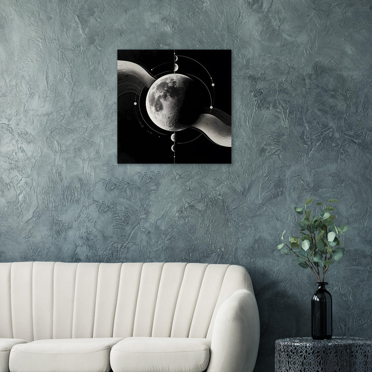 Poster mit Mond und Kreisdiagramm-Optik, Wellenlinien um den silbernen Mond auf Schwarz