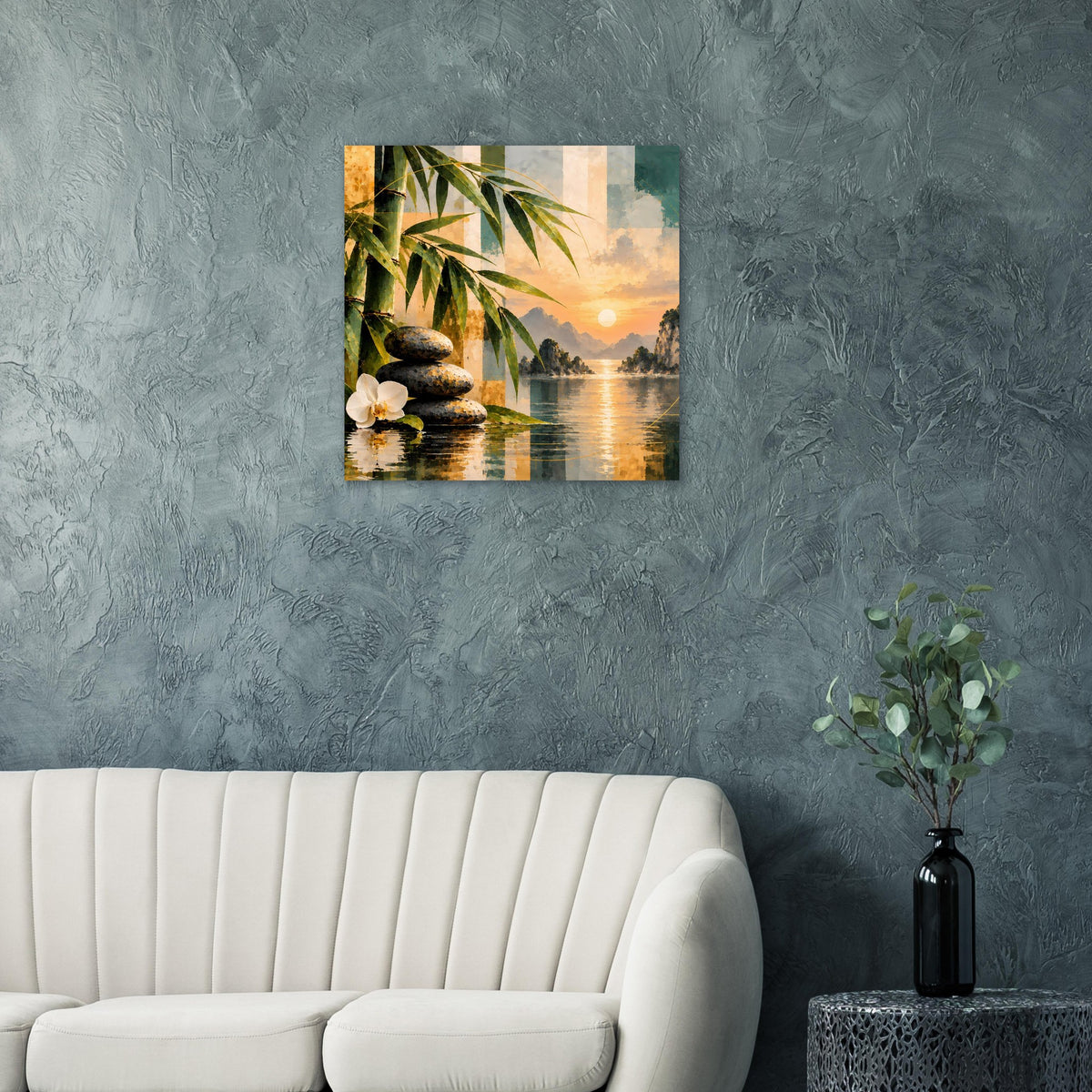 Quadratisches Poster mit Bambusblättern und Steinsäulen am ruhigen See bei Sonnenuntergang