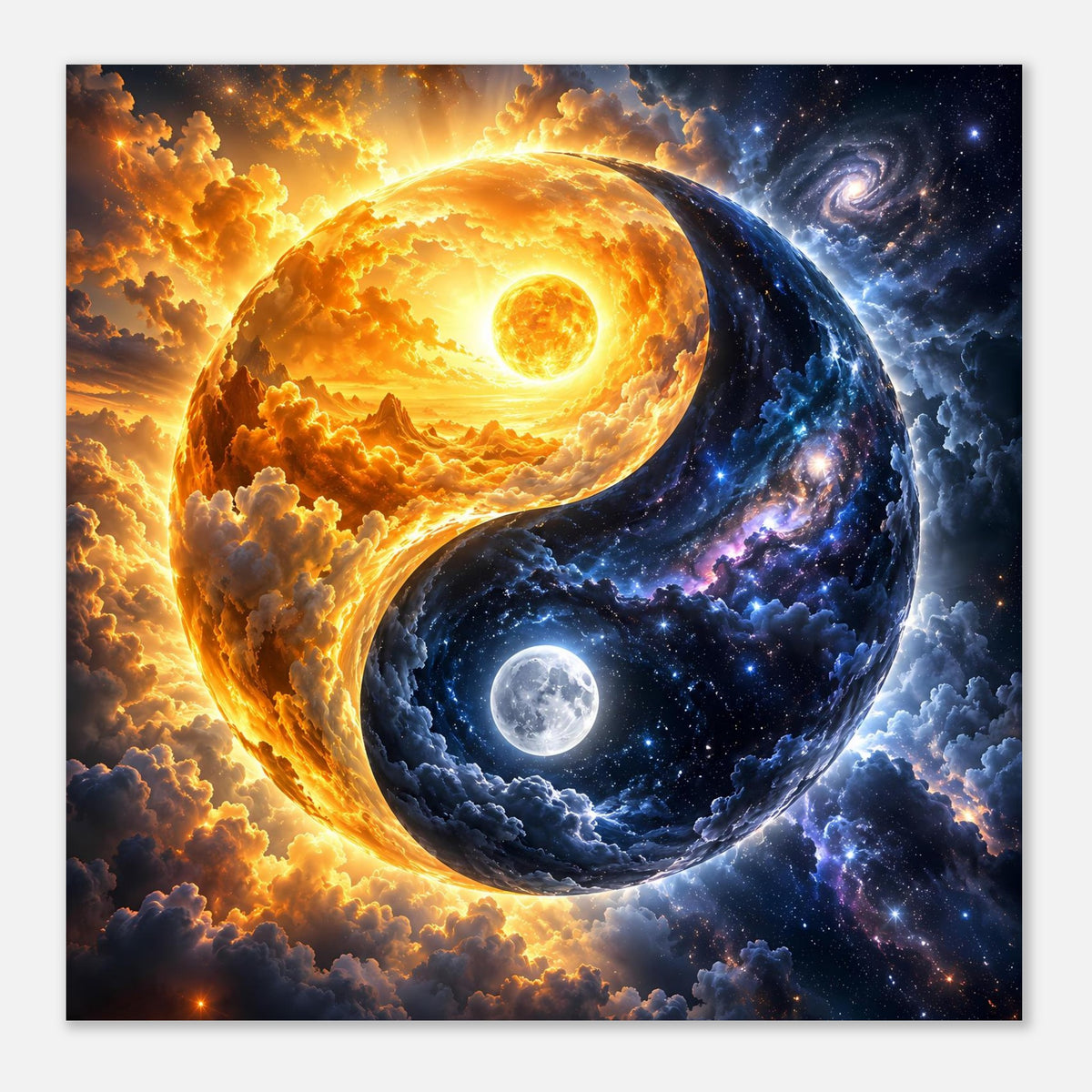 Nahansicht des gerahmten Yin-Yang-Artprints mit goldener Sonne und blauem Planeten
