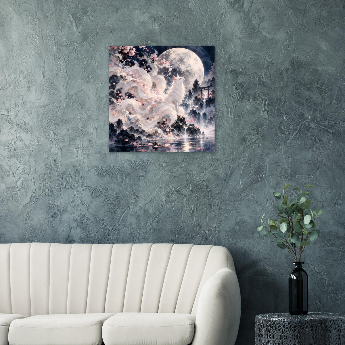 Quadratisches Wandposter mit weißem Fuchs, Vollmond und Kirschblüten im nächtlichen Blau