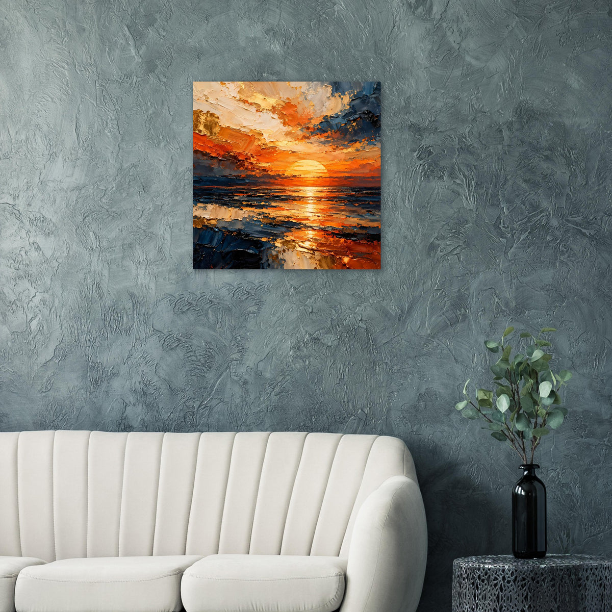Quadratisches Poster mit abstraktem Sonnenuntergang über dem Meer, Orange- und Blauschimmer