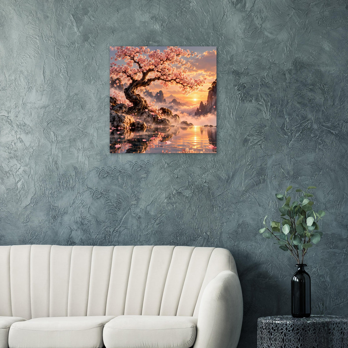 Quadratisches Poster mit Kirschbaum in Blüte, Sonnenuntergang über Gewässer mit Reflexion