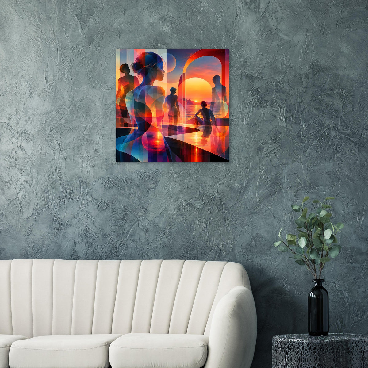 Kunstposter mit abstraktem Sonnenuntergang, Frau- und Menschen-Silhouetten in Orange und Blau