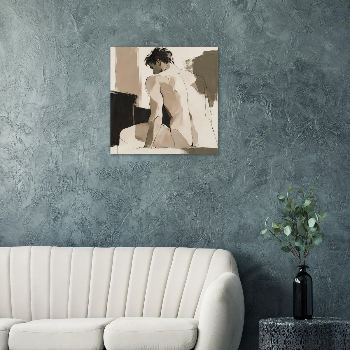 Kunstdruck mit sitzender Aktfigur in Sepia, gerahmt, abstrakte Farbspuren