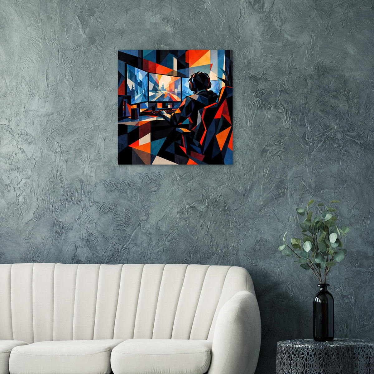 Wandposter mit abstrakter Gamer-Kunst in Blau, Orange und dunklem Schwarz