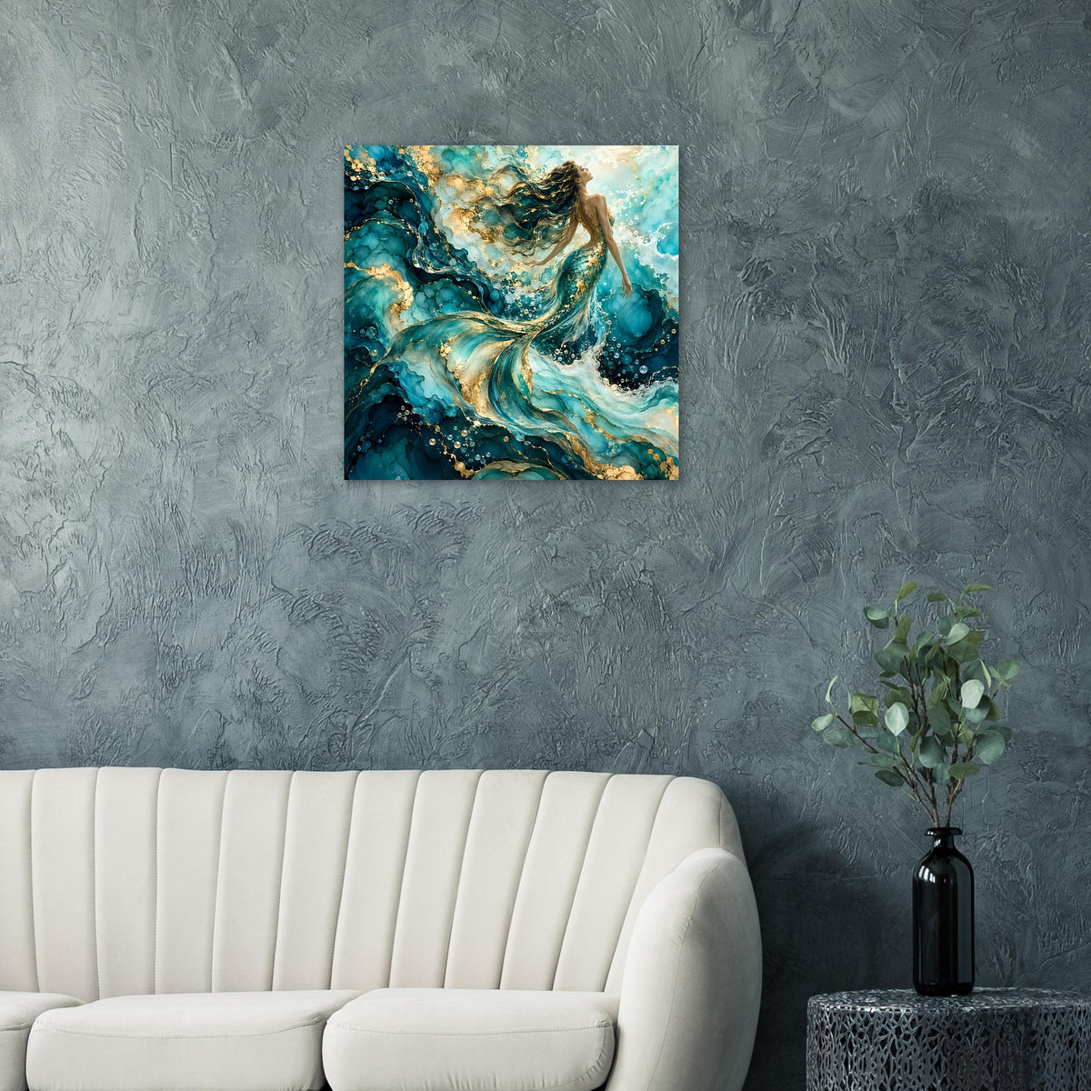 Kunstposter Meerjungfrau in Türkis und Gold, klarer Wasserwirbel mit feinen Punkten