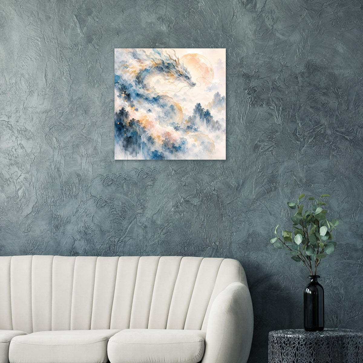Aquarellposter mit Drachen über blauen und pfirsichfarbenen Wolken, mittig gerahmt