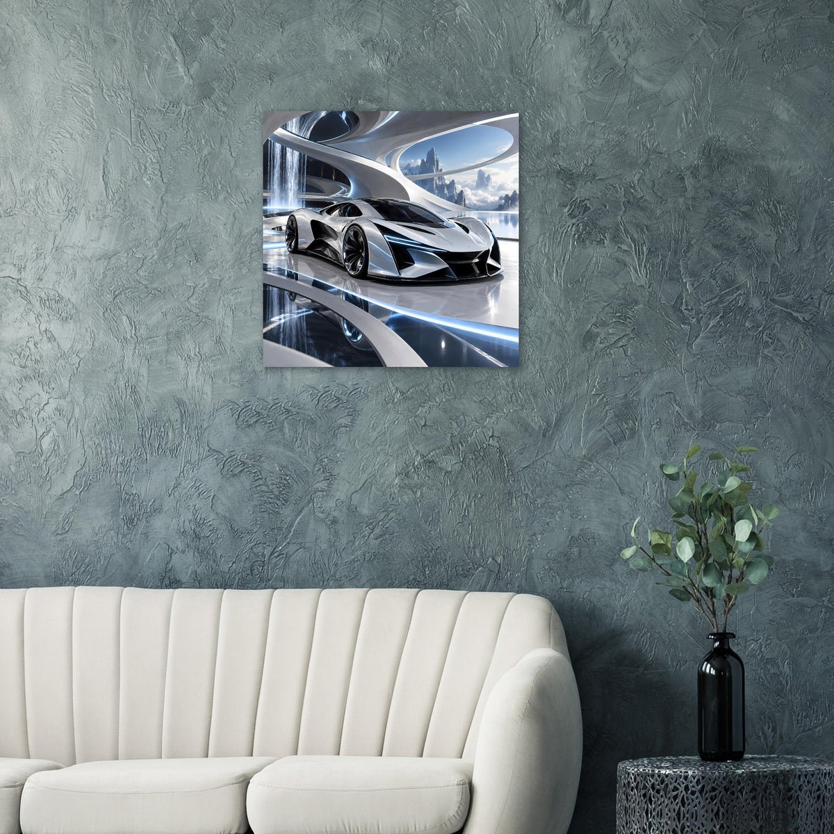 Quadratisches Poster mit silbernem Supersportwagen im Cyber-Style, Frontansicht