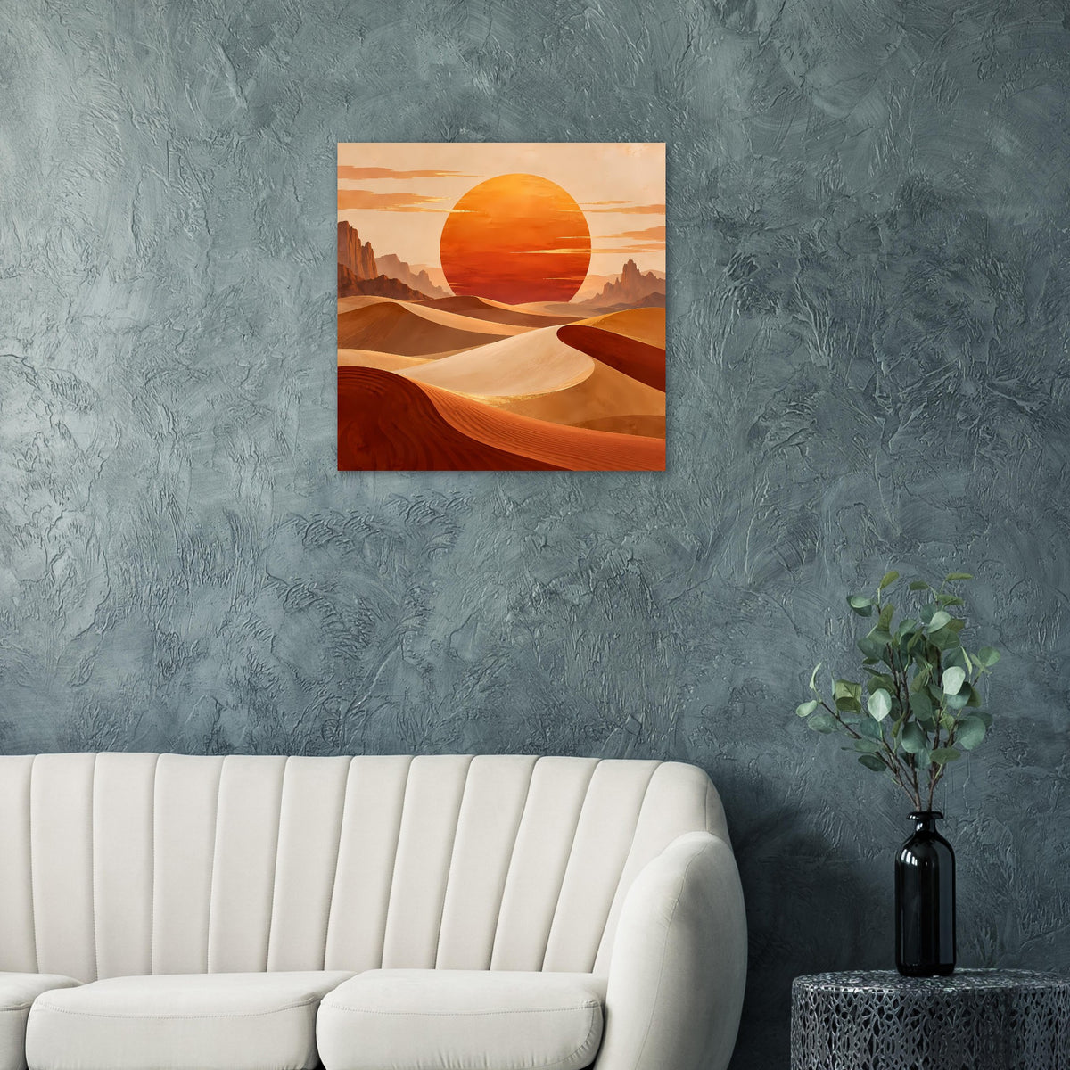 Rechteckiges Poster mit Wüstenlandschaft: orangefarbene Sonne über Sanddünen