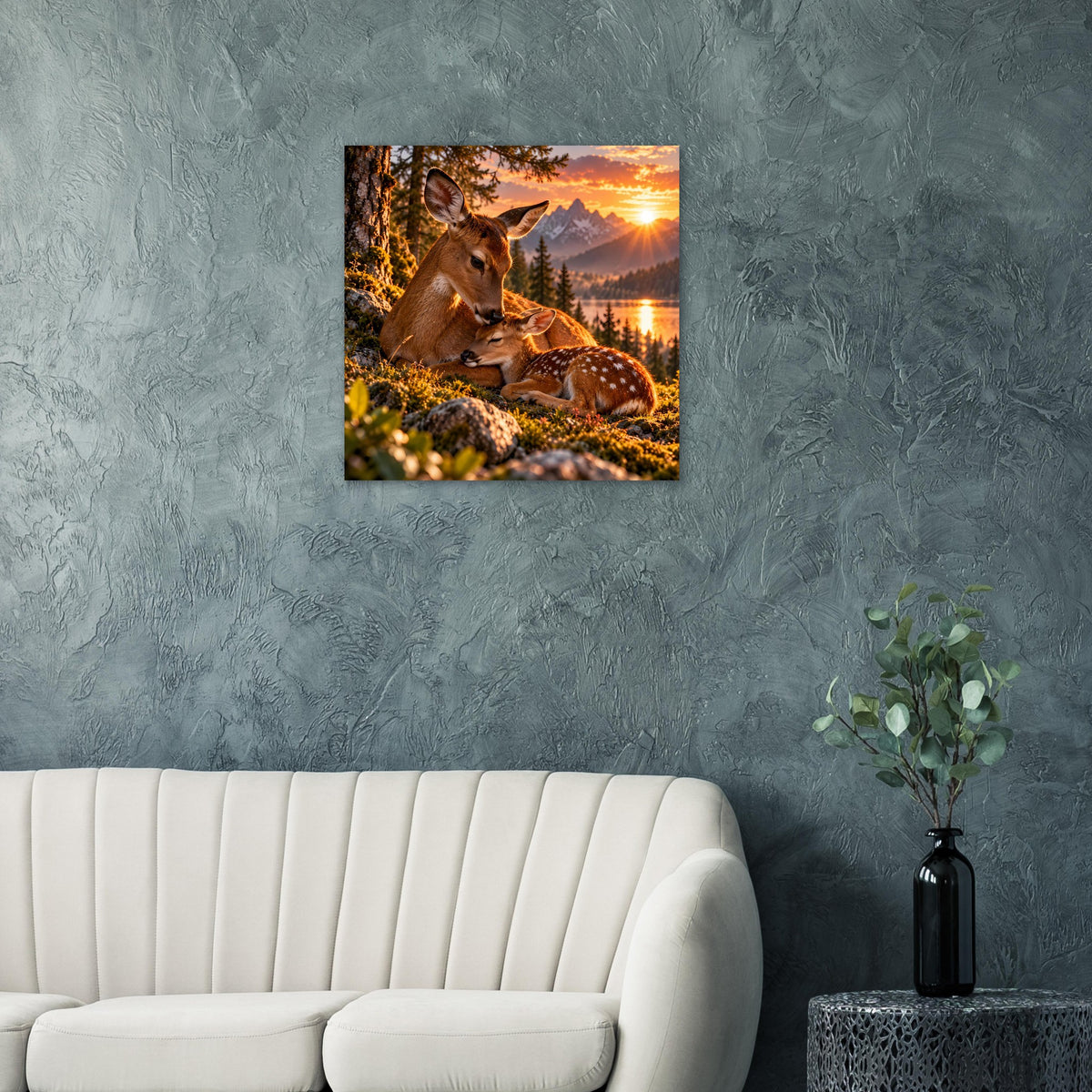 Quadratisches Poster: Hirsch auf Wiese mit Reh im Abendlicht und Sonne am Horizont