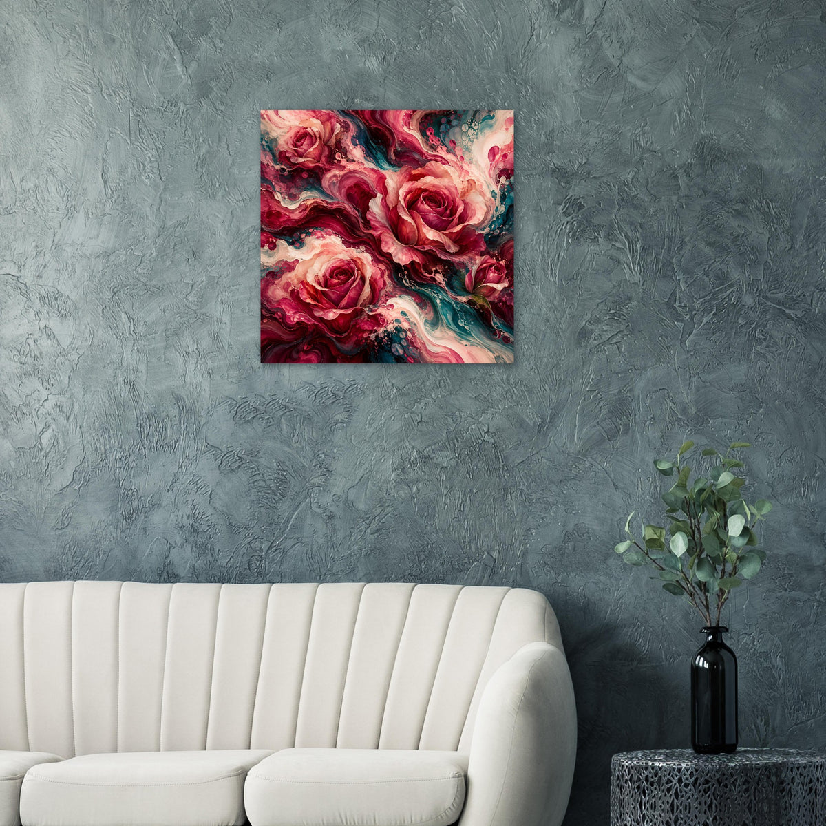 Quadratisches Blumenposter mit roten Rosenmotiven und türkisfarbenen Wellen.
