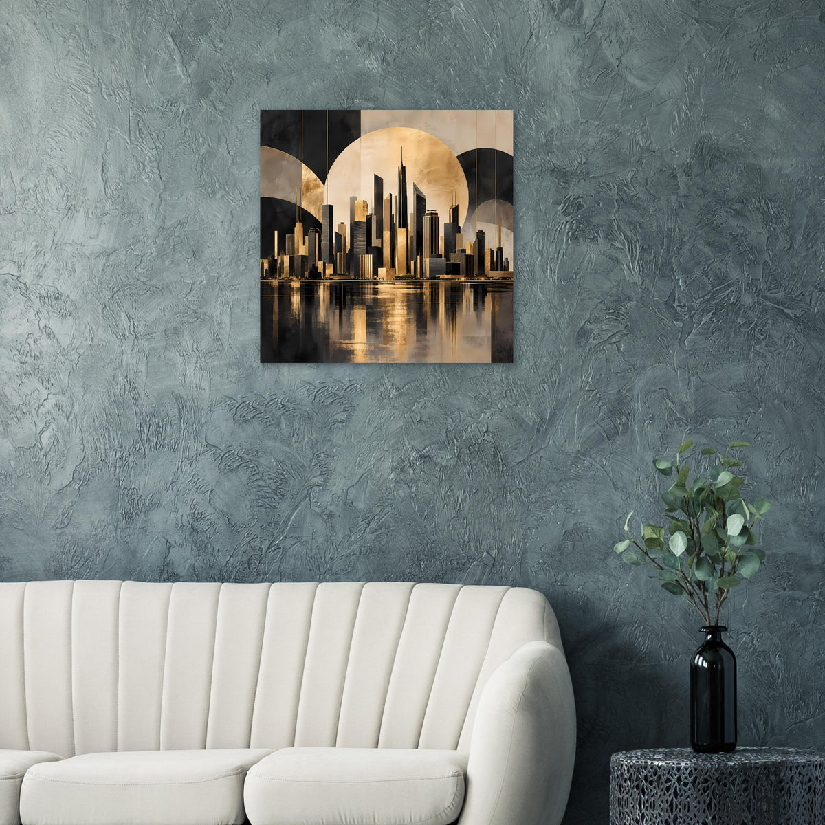 Gold-schwarzes Stadtposter mit Skyline, goldenem Kreis und Spiegelungen im Wasser