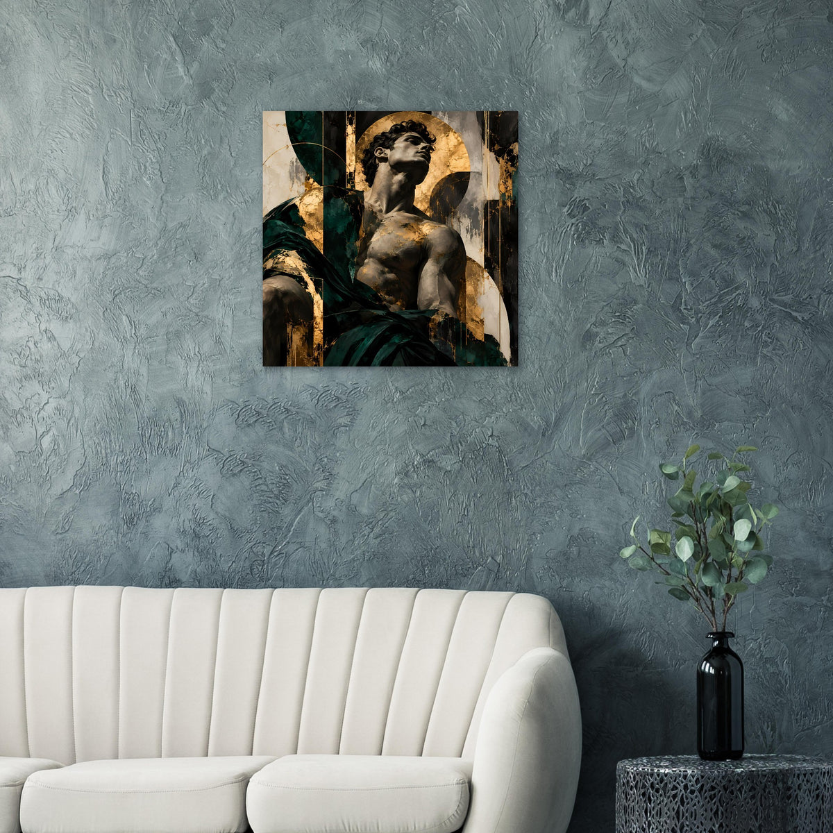 Barockes Kunstposter mit Porträtfigur, dunkelgrünem Drapieren und goldenen Akzenten