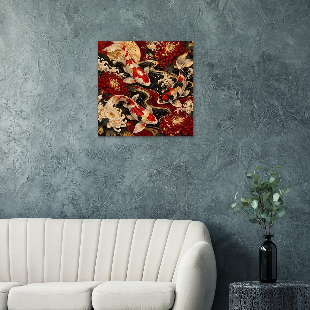 Quadratisches Poster mit Koi-Karpfen und floralen Ornamenten in Rot und Gold