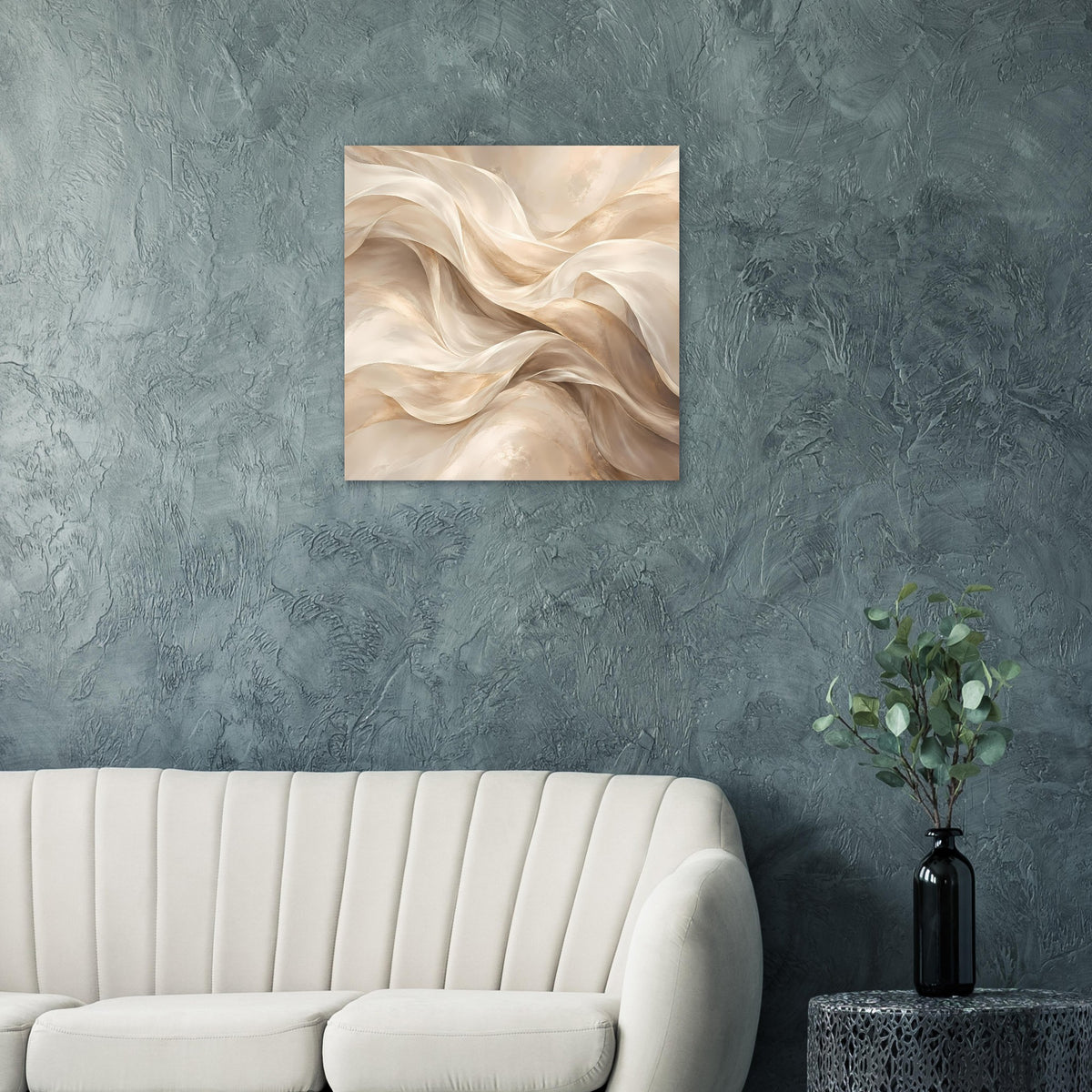 Abstraktes Fluss-Poster mit creme- und beigefarbenen Wellenlinien