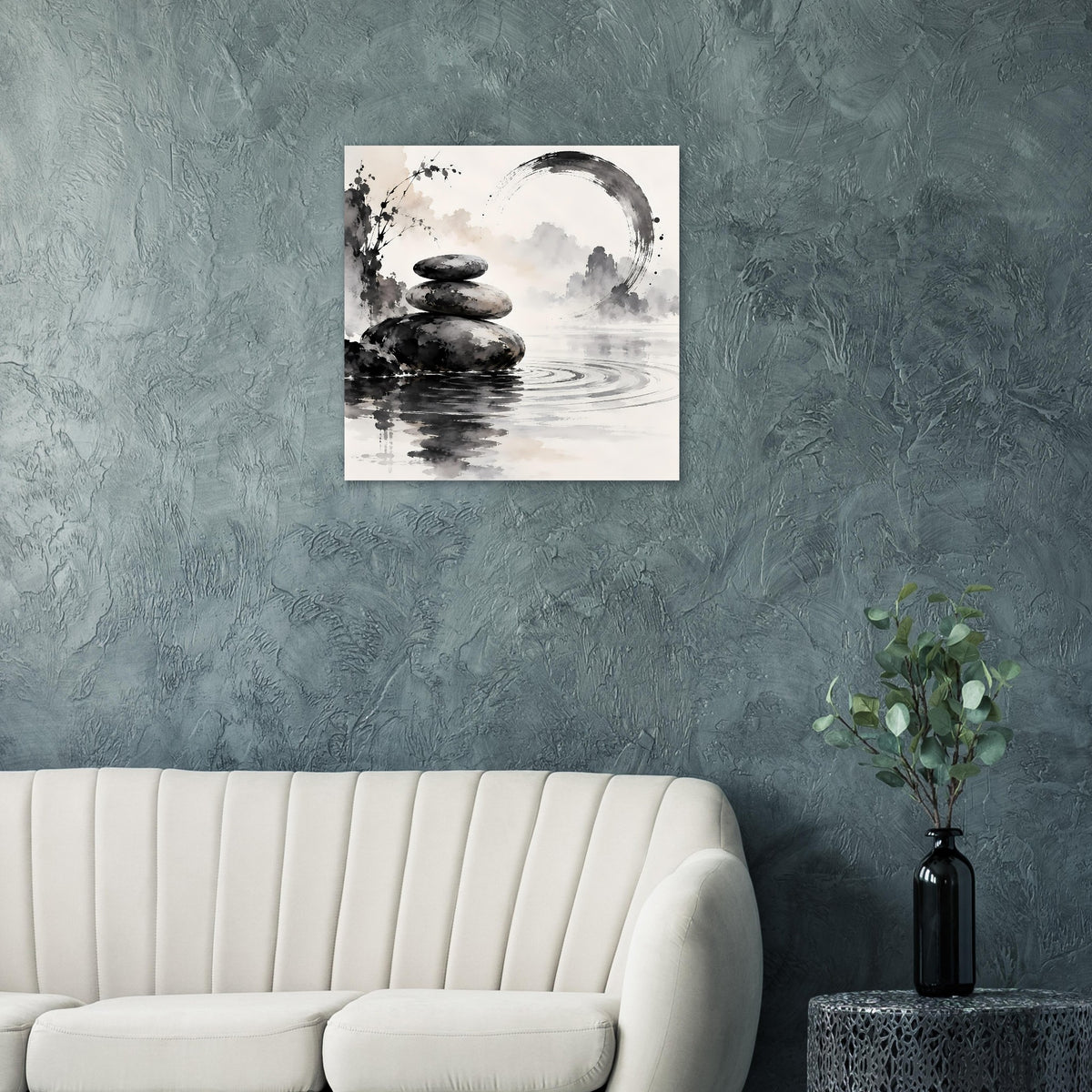 Zen-Balance Poster, schwarz-weiß: Steinhaufen mit Wasserreflexion und halbkreisförmigem Farbverlauf