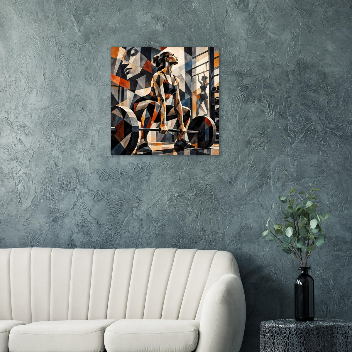 Abstraktes Fitness-Poster mit geometrischem Collage-Motiv und Schwarz-Orange-Blau-Farben