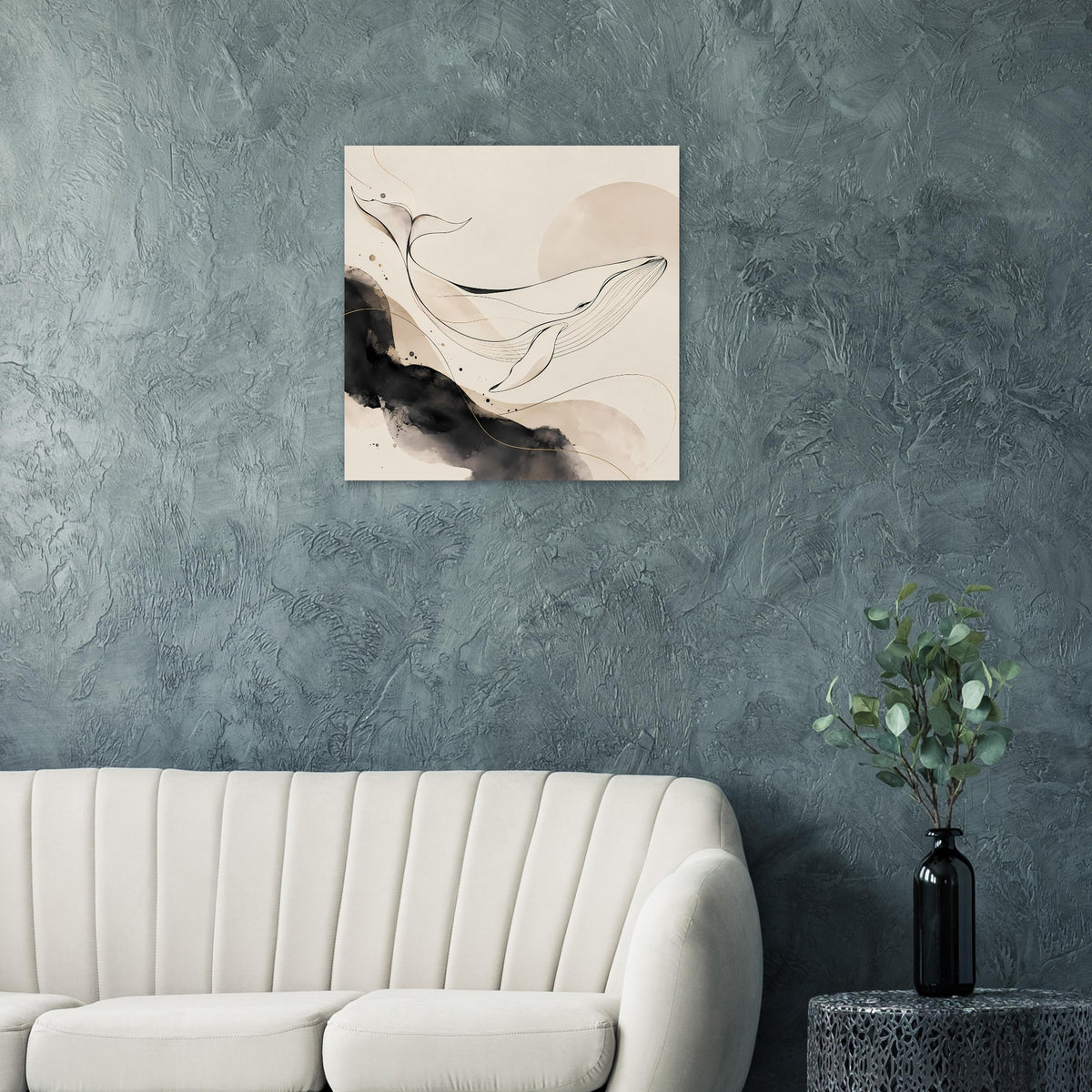 Gerahmtes Wal-Poster mit abstrakten Wellenformen in Beige- und Schwarztönen