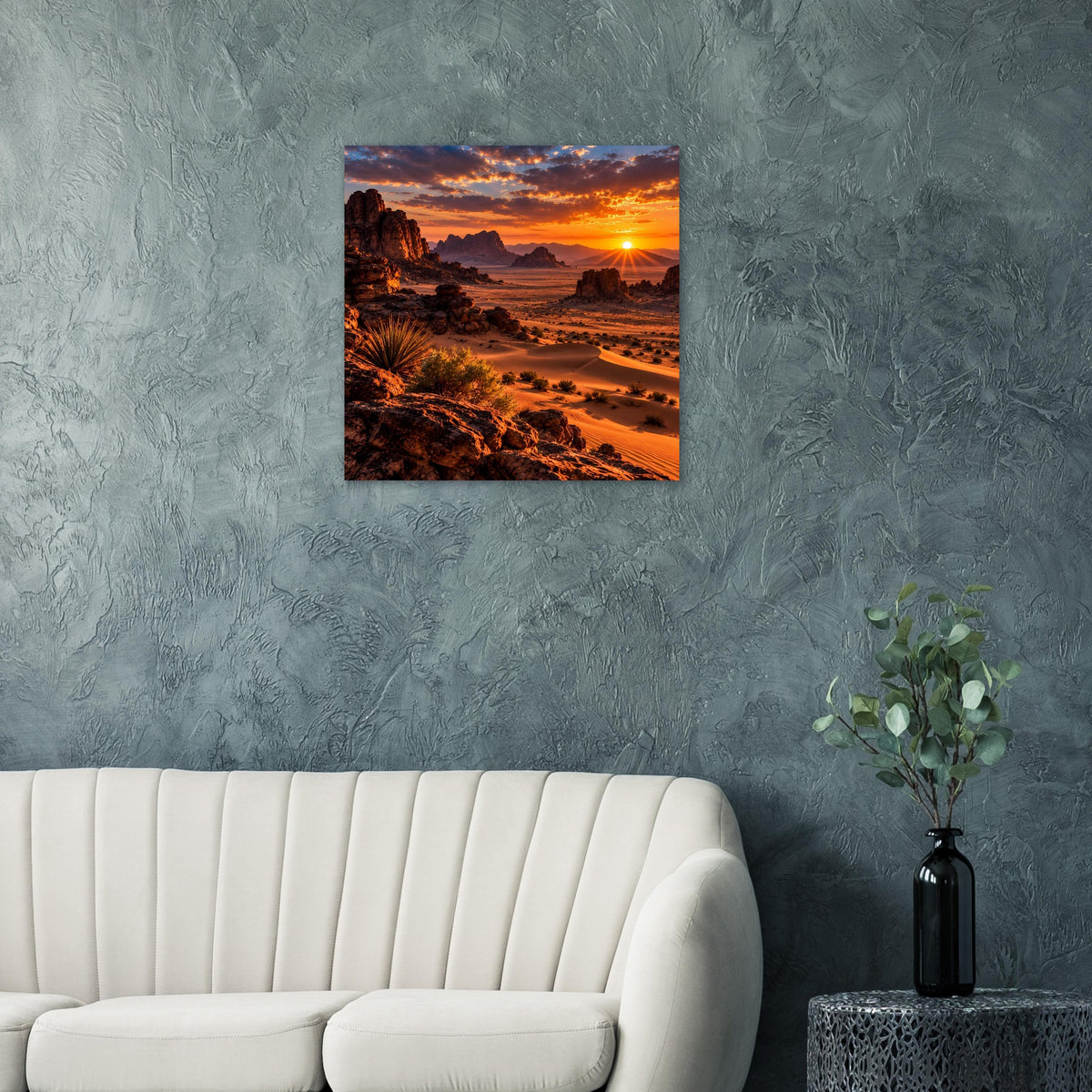 Wüstenlandschaft-Poster mit Sonnenuntergang über Dünen, orangefarbenem Licht und Felsen