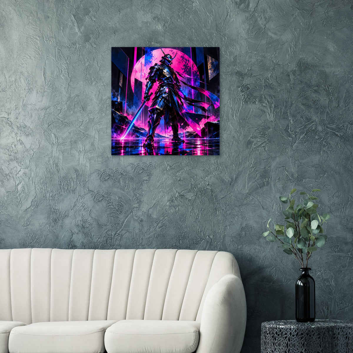 Cyberpunk-Poster mit dunkler Samurai-Figur, Neon-Pink und Neon-Blau über Kreisportal