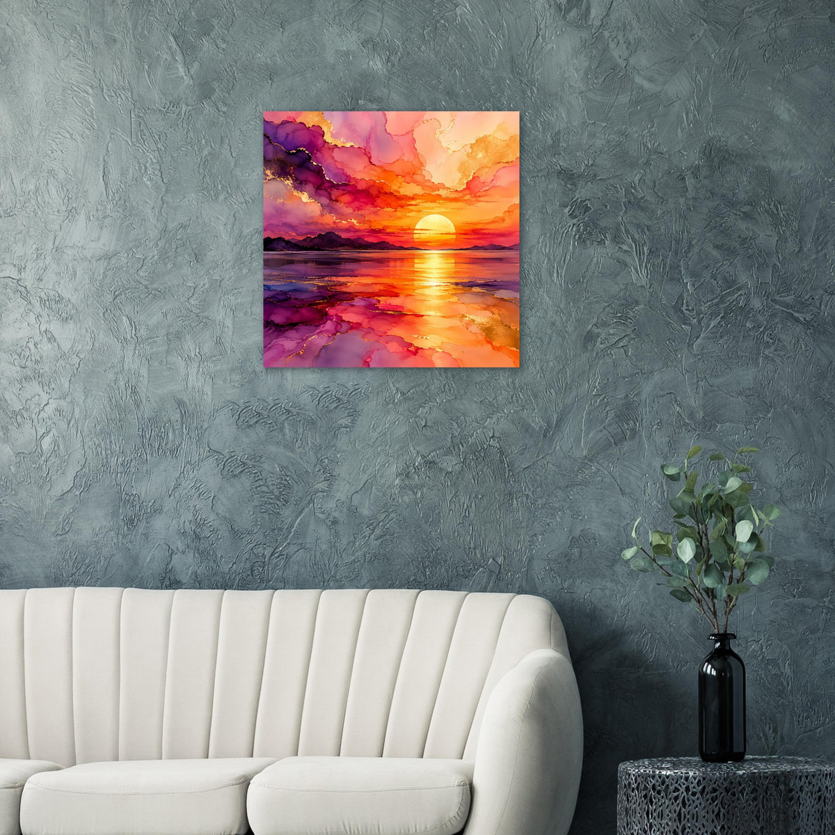 Quadratisches Poster mit leuchtender Sonne und Spiegelung im Wasser, violett-orange