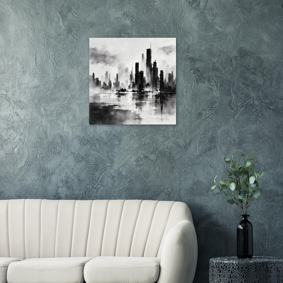Schwarzweiß-Stadtposter mit Skyline und Wasserreflexion, quadratischer Rahmen