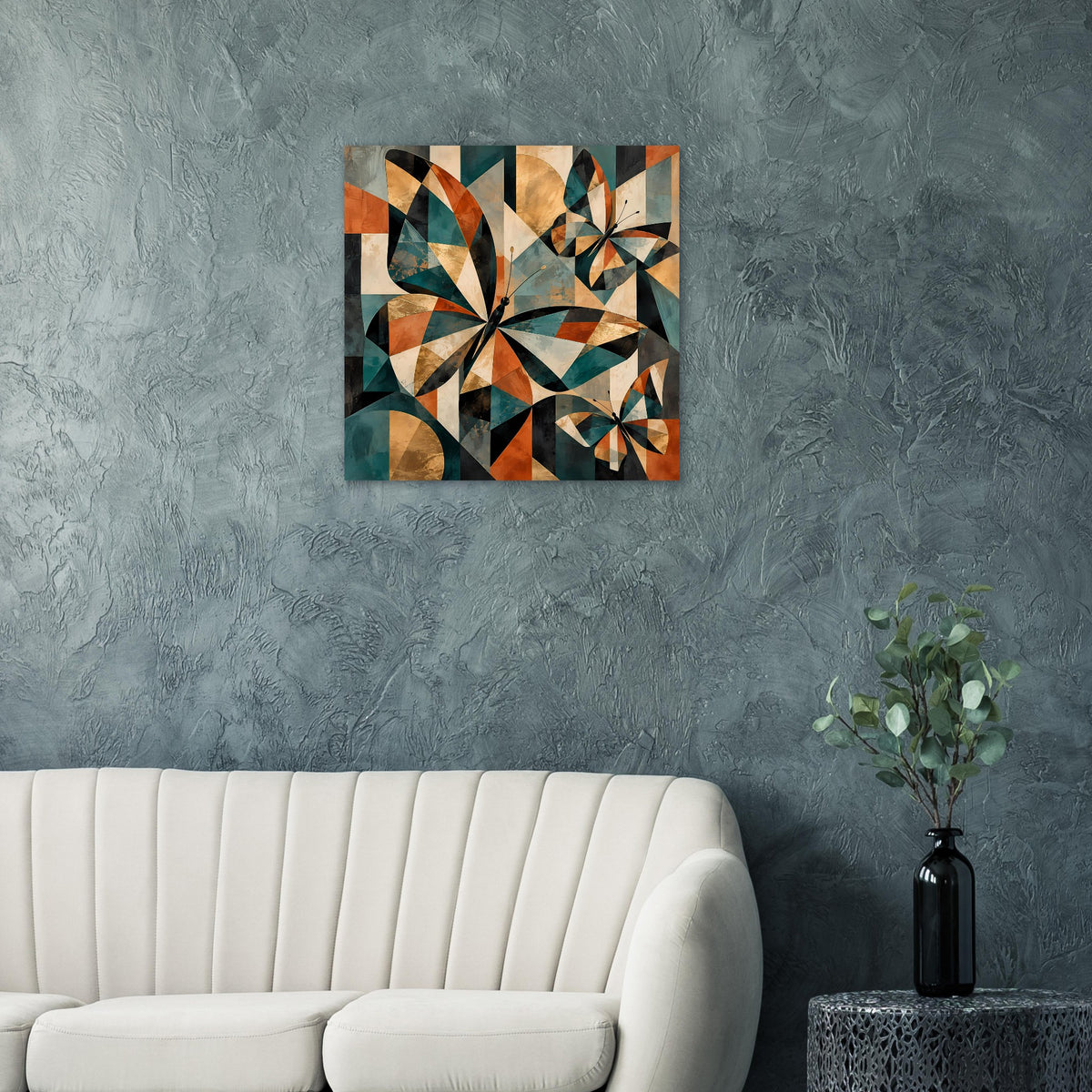 Quadratisches Kunstposter mit geometrischen Schmetterlingen in Braun-, Türkis- und Schwarzformen