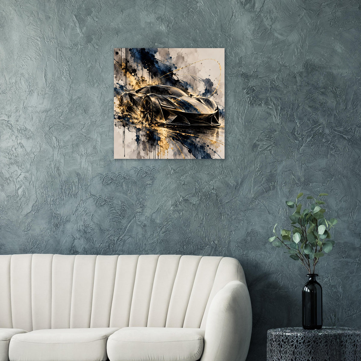 Poster mit schwarzem Supersportwagen und goldenen Details, abstraktes Farb-Splatter