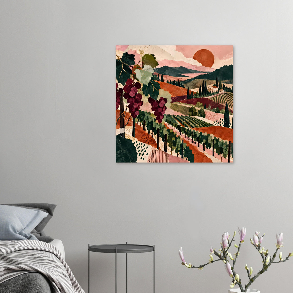 Poster mit Weinbergen und Reben: Traubenranken, Weinreihen und roter Kreis über der Landschaft
