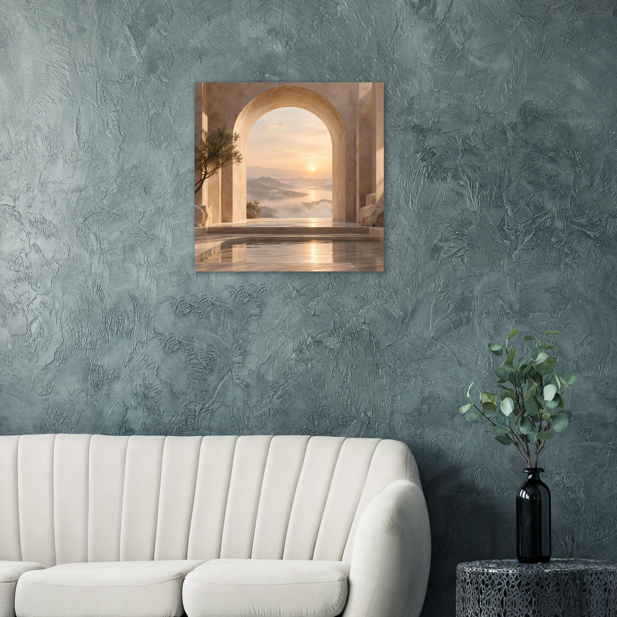 Wandposter mit Torbogenlandschaft und Sonnenaufgang im warmen Licht