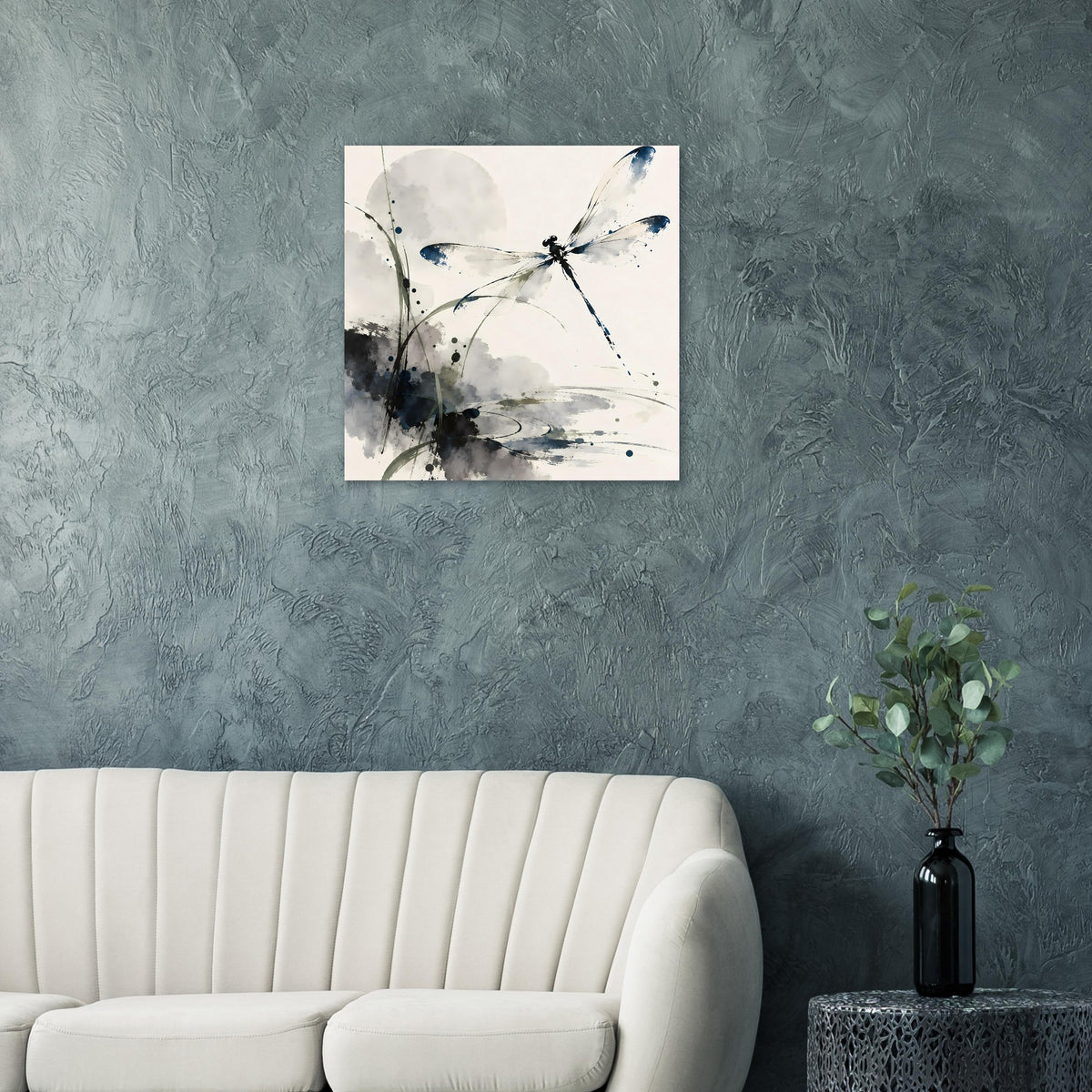 Aquarell-Poster mit Libelle in Blau und Grau, Wasserfarben-Sprenkel, rechteckig