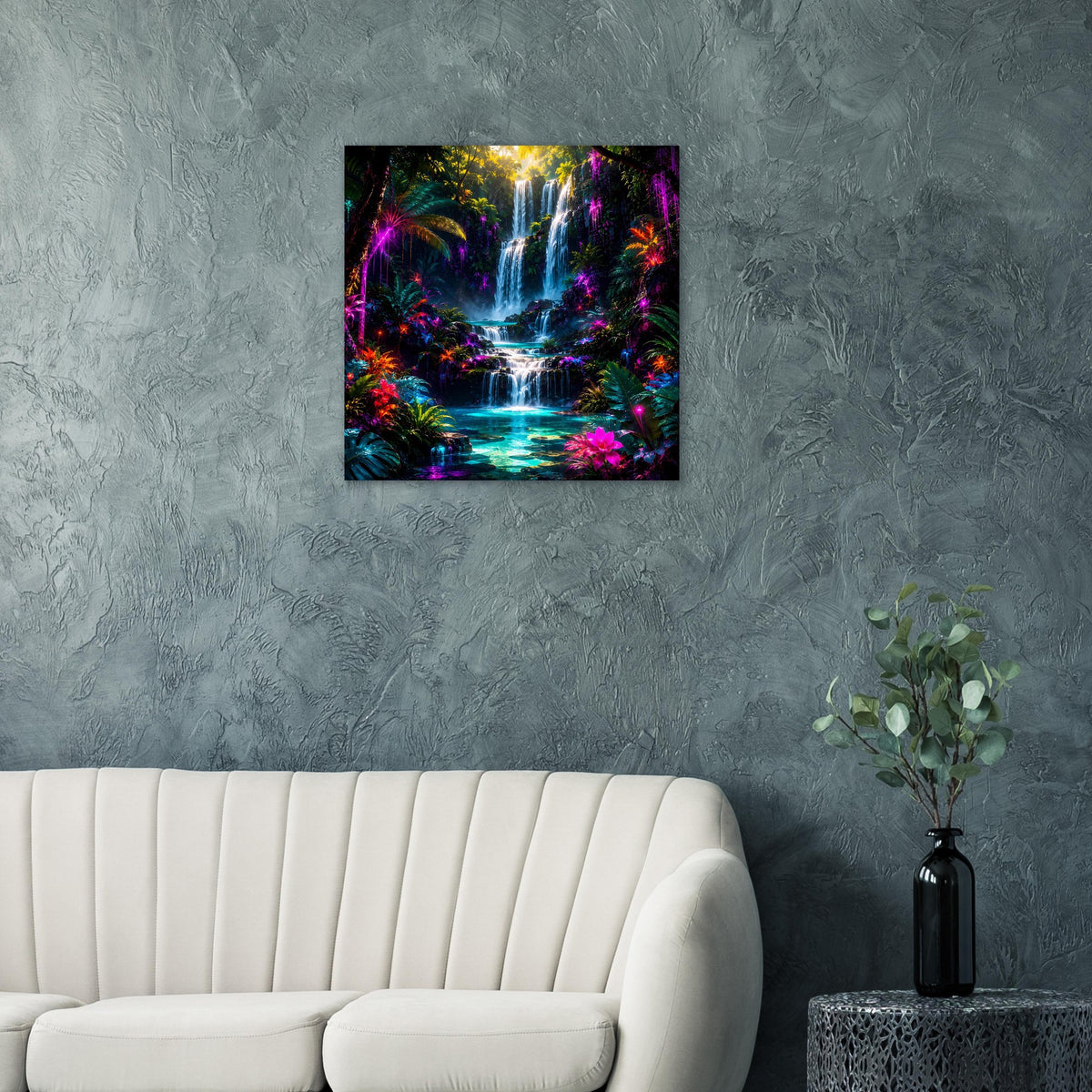 Poster mit tropischem Wasserfall in leuchtenden Farben, quadratisch, an grauer Wand