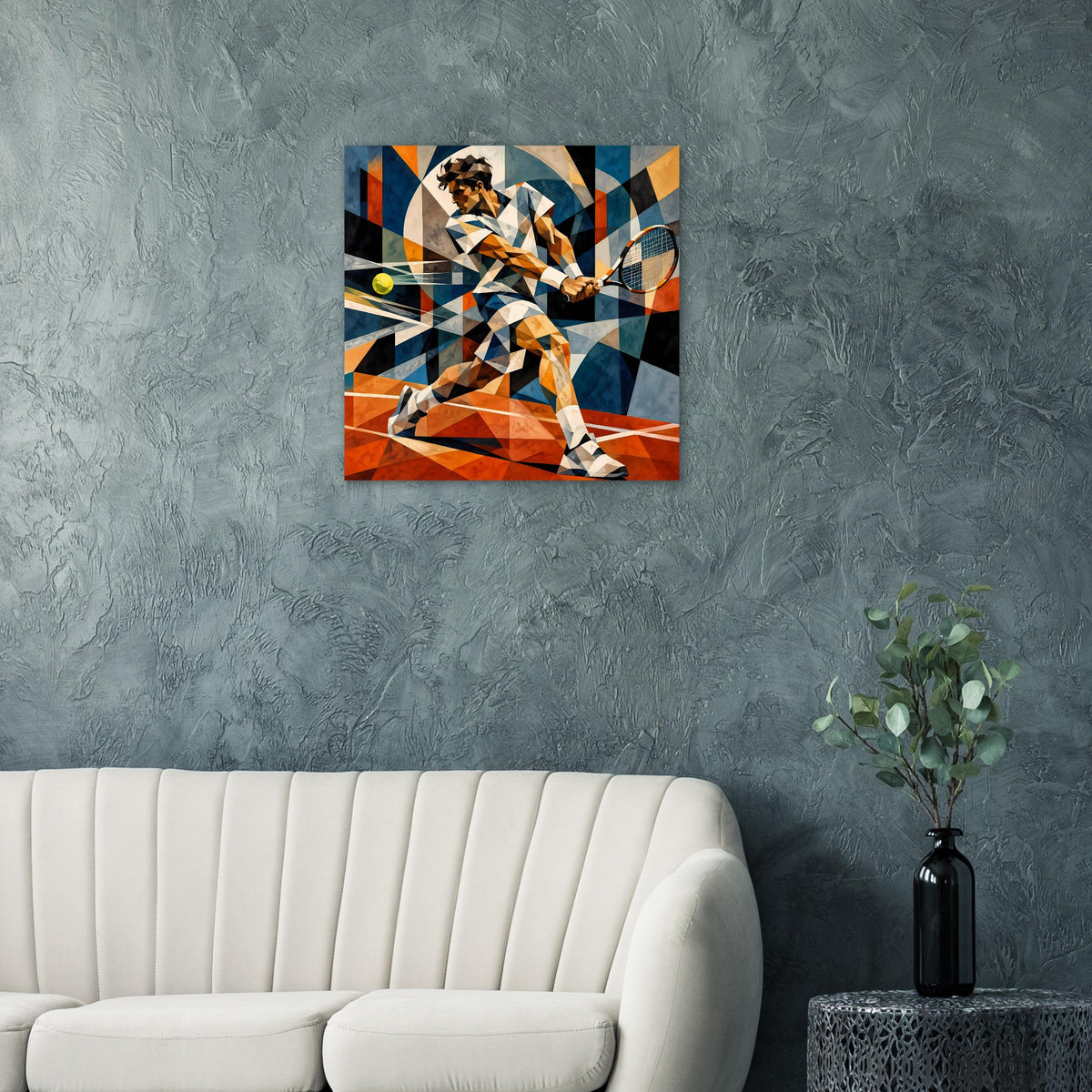 Kleines quadratisches Kunstposter mit abstraktem Tennismotiv in Blau und Orange