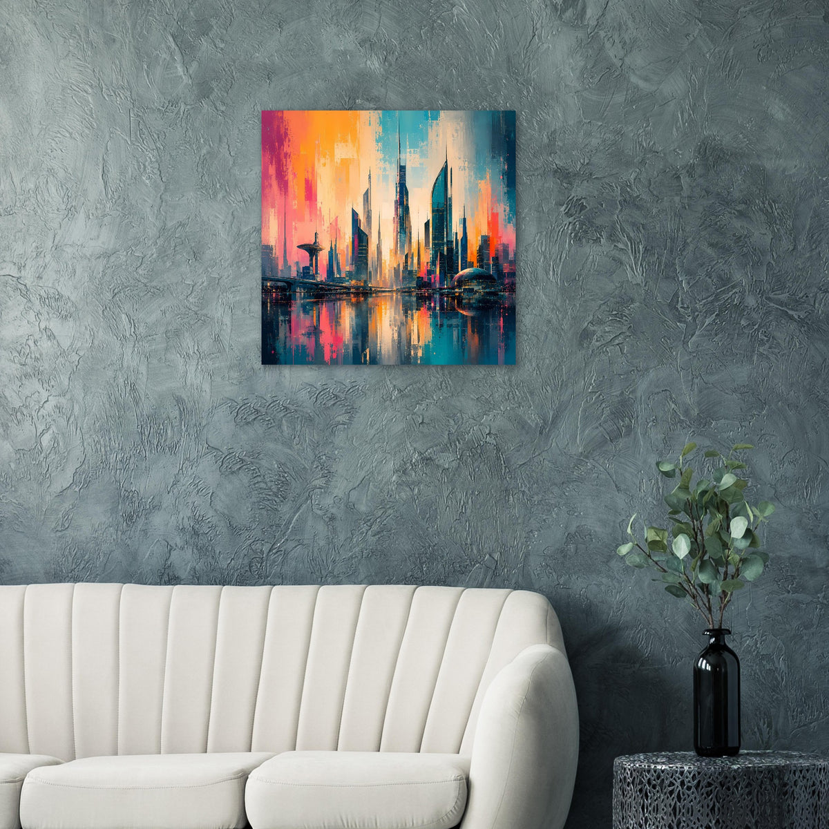 Cityscape-Poster mit Skyline und Spiegelungen, Orange-Blau-Farbverlauf