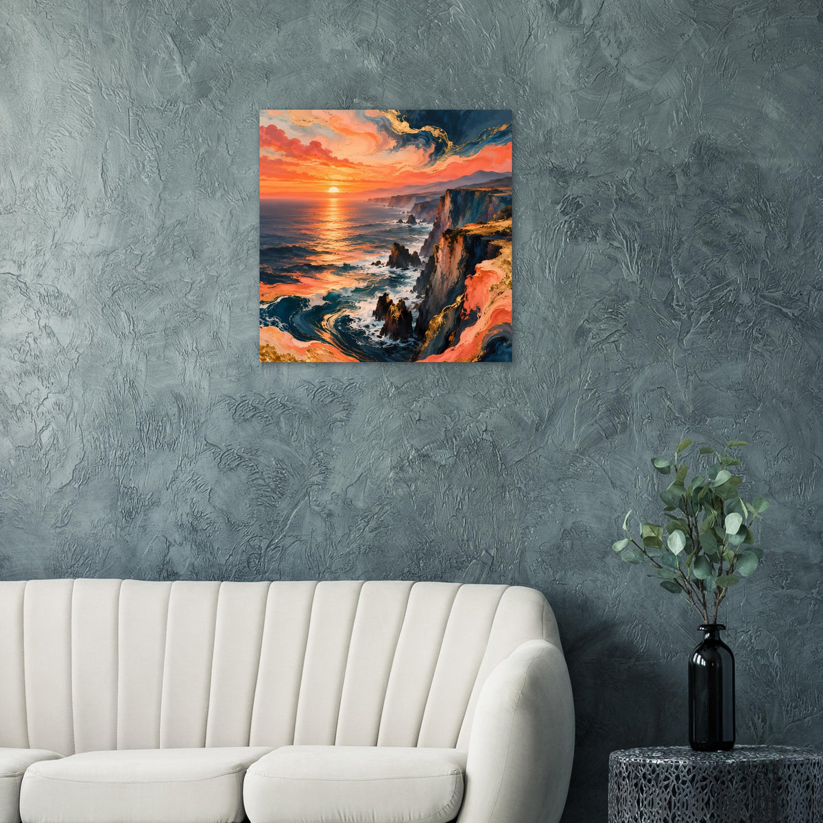 Posterdruck mit Sonnenuntergang über Klippen und Meer, starke Kontraste in Orange und Blau