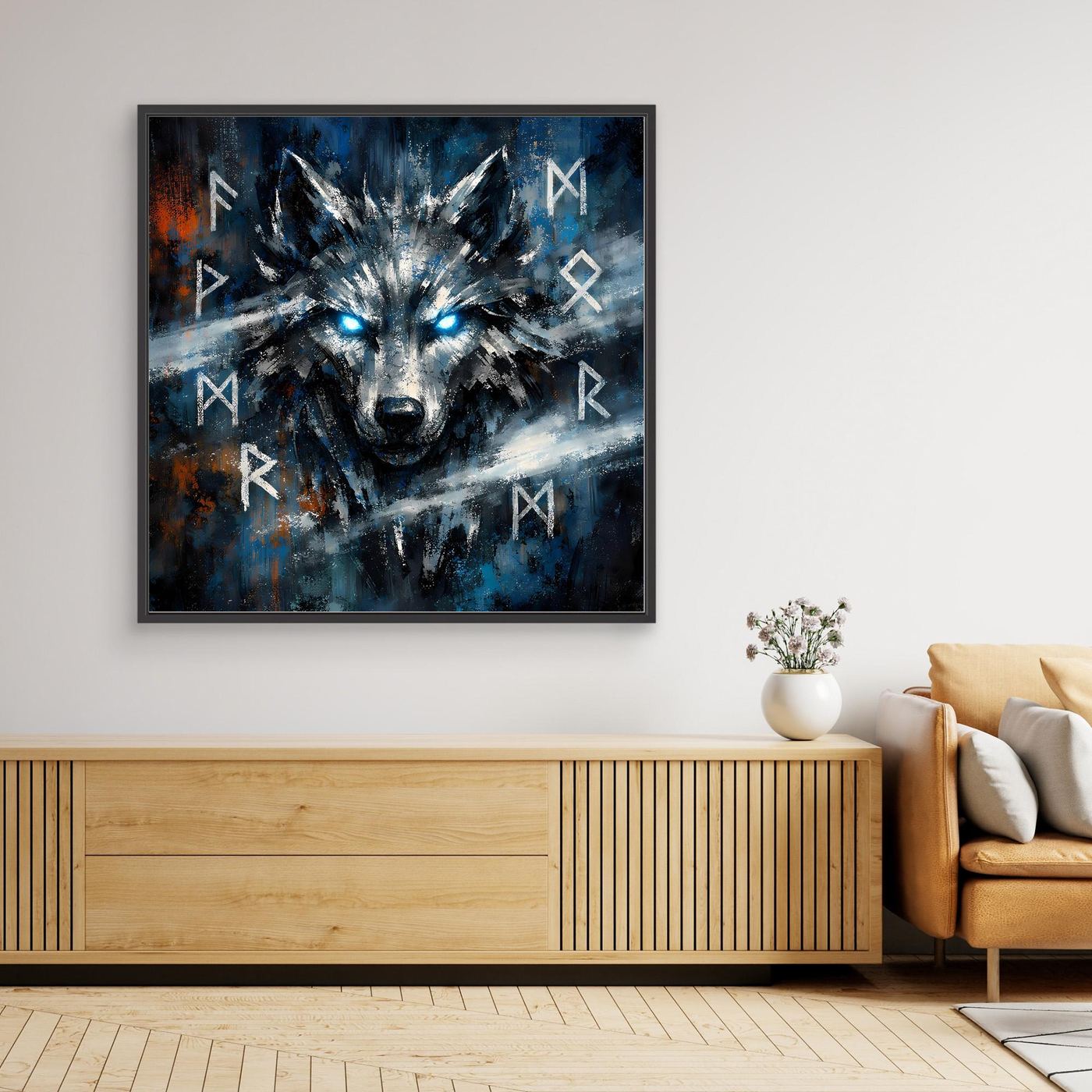 Gerahmtes Wandbild mit nordischem Wolf und Runen, schwarzer Rahmen