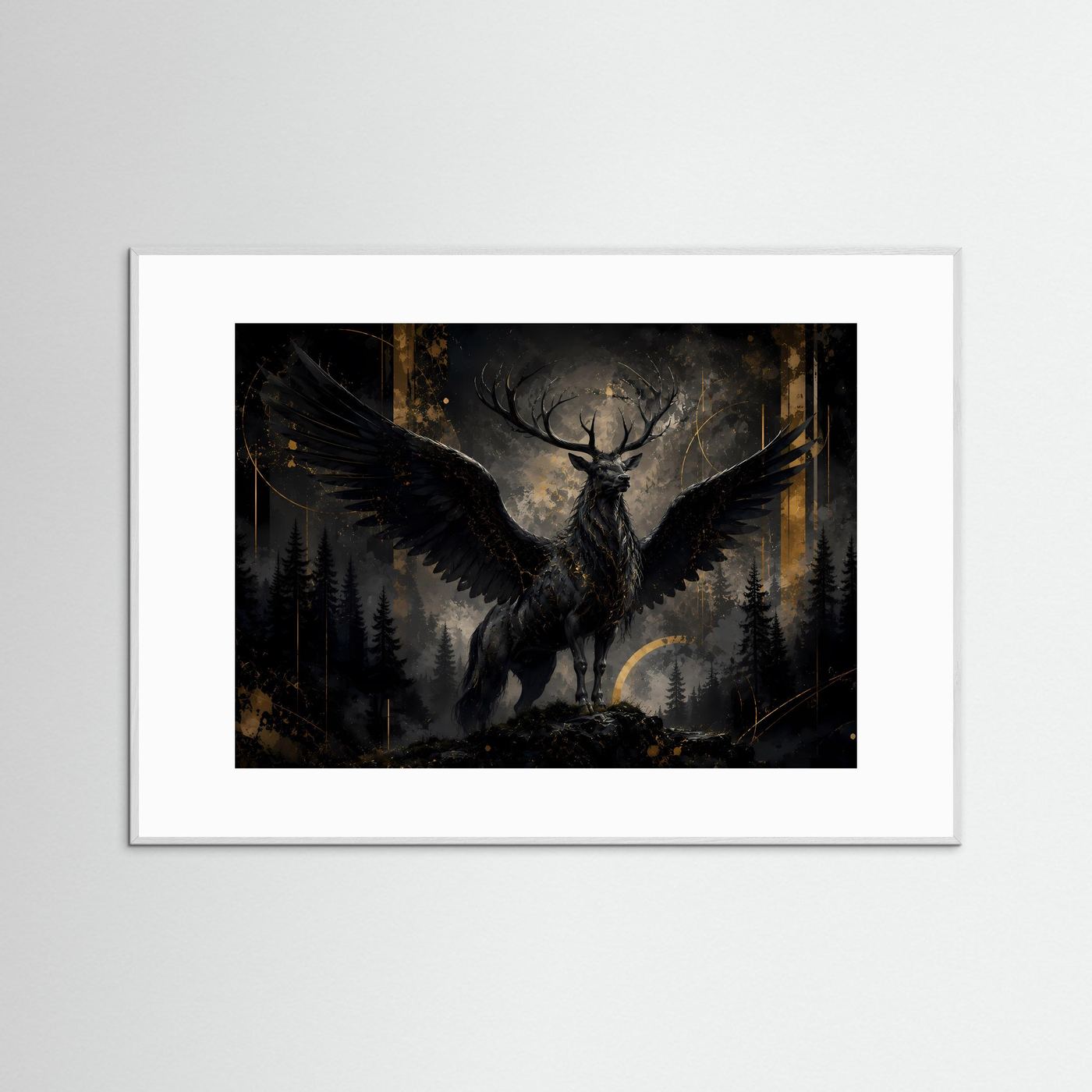 Mystischer schwarzer Hirsch mit Flügeln | Fantasy Poster im Wald | Edles Wandbild Schwarz & Gold Querformat
