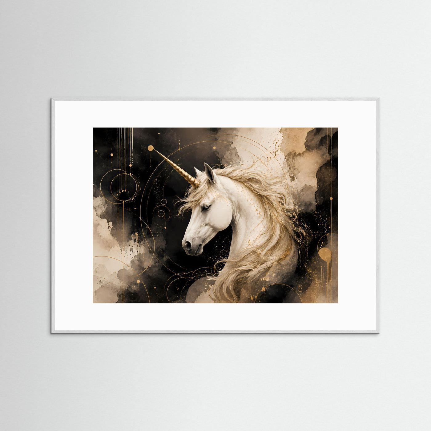 Einhorn-Fantasy-Poster im Querformat, weißes Einhorn mit goldenen Linien, grauer Rahmen
