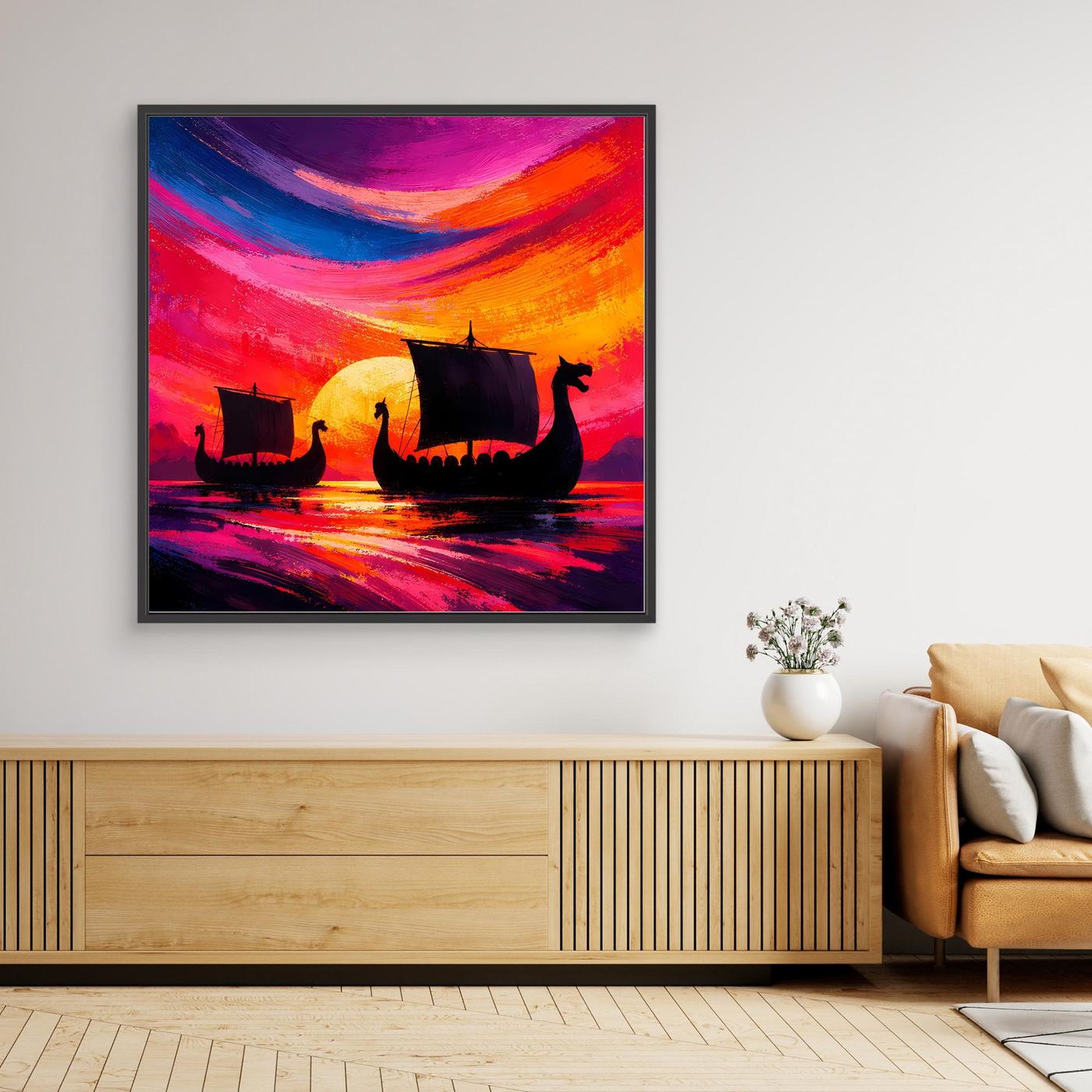 Gerahmtes Wandbild mit abstrakten Wikingerschiffen-Silhouetten bei Sonnenuntergang, schwarzer Rahmen